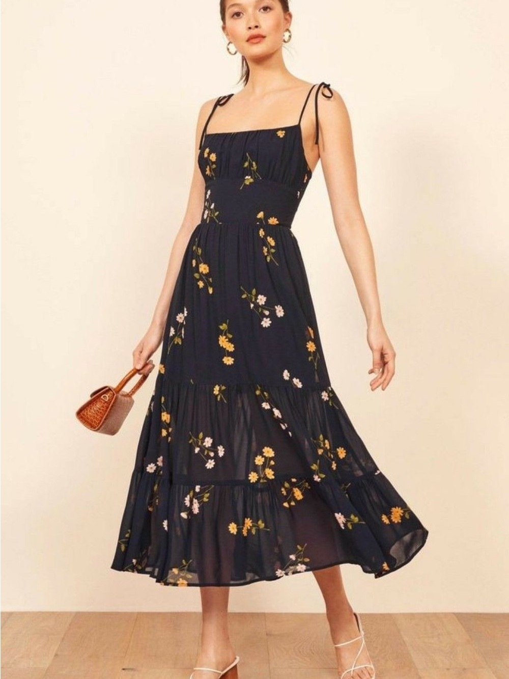 Reformation Kealy Navy Floral Tie-Shoulder Midi Dress - Picture 1 of 8